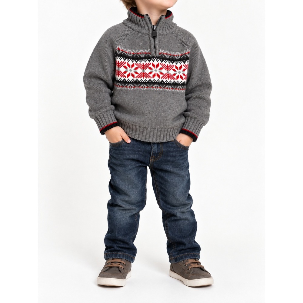 Frost 18M Toddler Boy Quarter Zip Sweater Gray Fair Isle Cotton Pullover Holiday